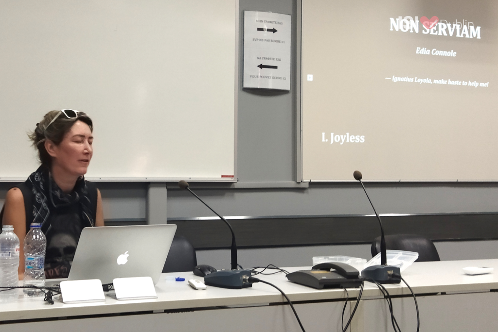 Edia Connole delivers her paper Non Serviam in the Gisèle Vivier Amphitheatre at the French Institute in Athens, Greece, on September 22, 2023.