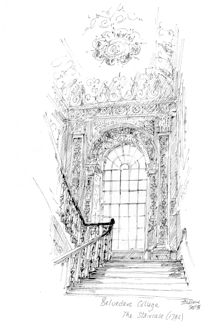 Fig. 8. Illustrazione di J.D. Williams che raffigura "La scala" nella Casa Belvedere, Belvedere College, nel 1786: l'anno in cui Charles Doyle, S.J., disse all'ex alunno James Joyce che l'edificio era "completato e occupato".