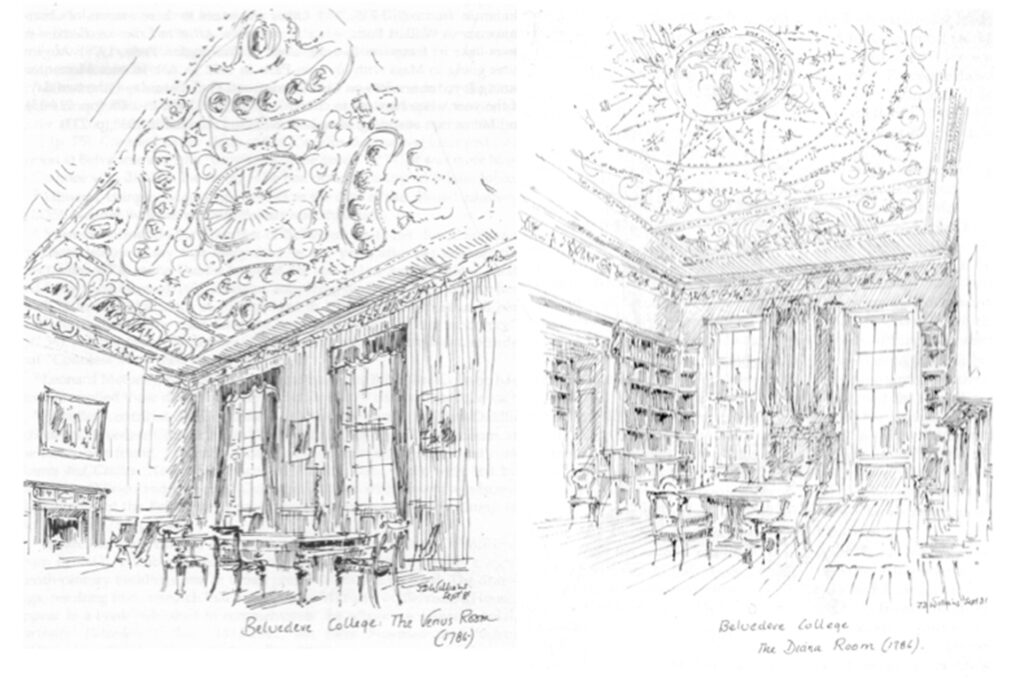 Fig. 4. Illustrations by J.D. Williams depicting The Venus Room and The Diana Room (left to right, respectively) at Belvedere House as it was in 1786: the year Charles Doyle, S.J., told alumnus James Joyce the building was “completed and occupied.”