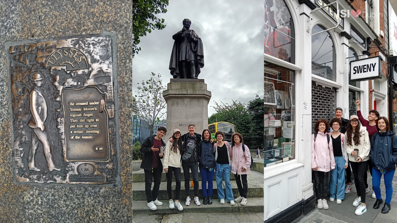 Nuestra profesora Edia (izquierda) con sus alumnos, siguiendo los pasos de Leopold Bloom.