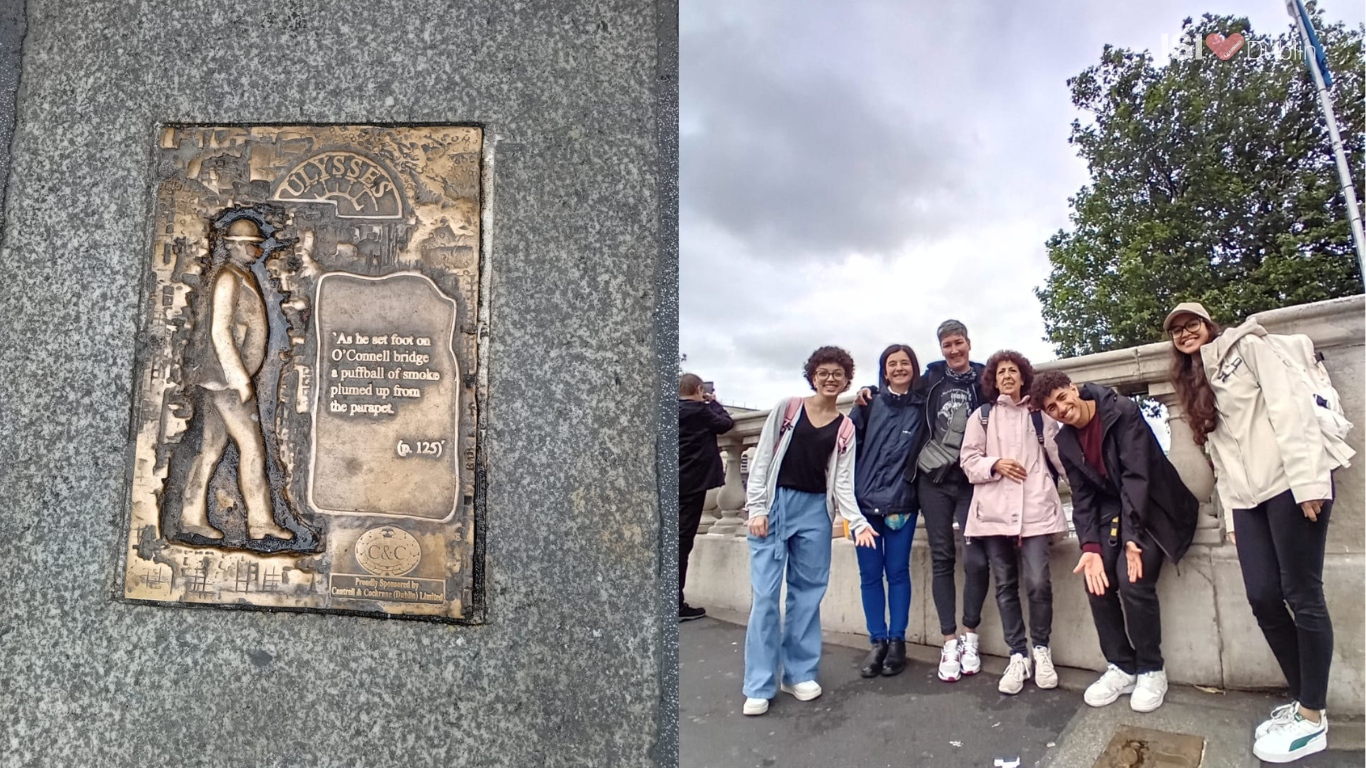 Nuestra profesora Edia con sus alumnos, siguiendo los pasos de Leopold Bloom.