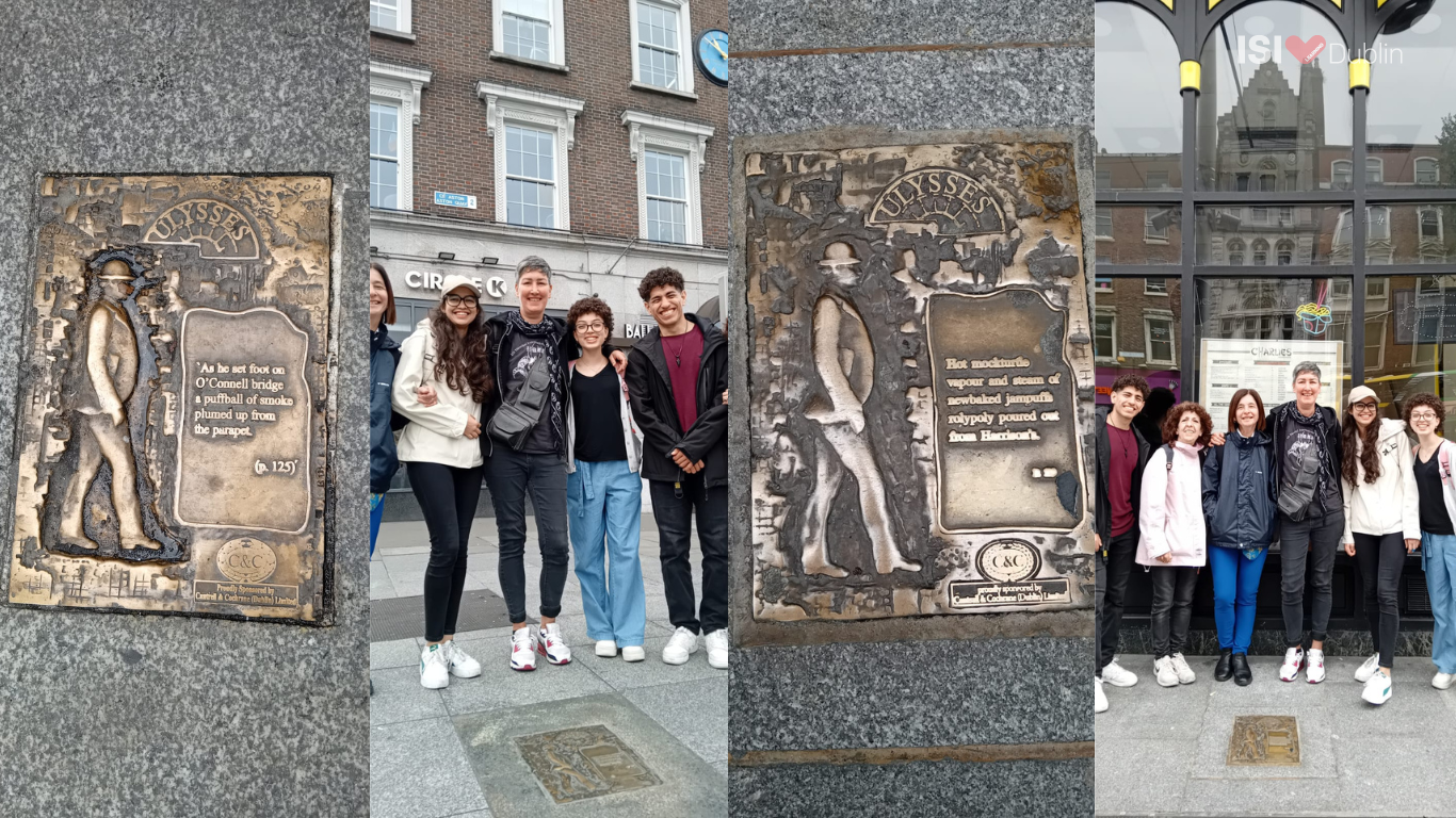 Our teacher Edia with her students, walking in the footsteps of Leopold Bloom.