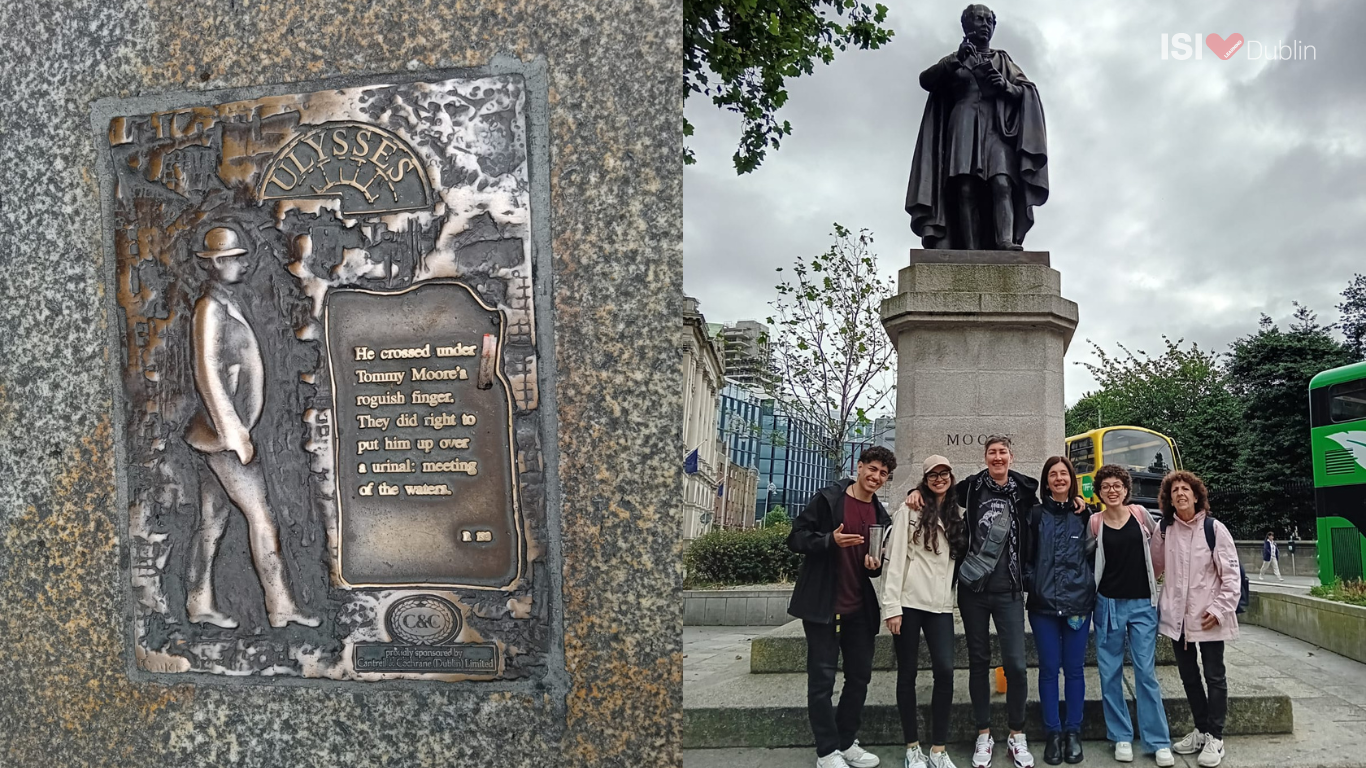 La nostra insegnante Edia con i suoi studenti, camminando sulle orme di Leopold Bloom.