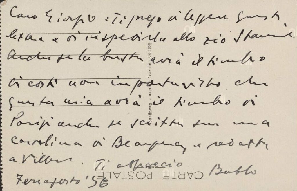 Rys. 5-6. Pocztówka wysłana przez Jamesa Joyce'a do jego syna Giorgio z Beaugency 15 sierpnia 1936 roku.